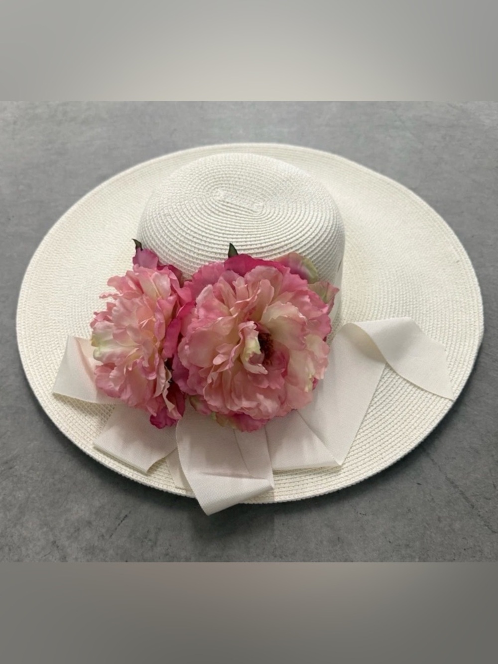 Off White Custom Designed Hat w/ Large Brim, Pink Peonies,  Ribbon. Mother’s day